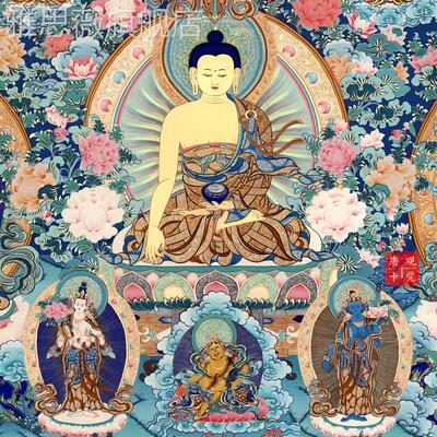 网红横幅释迦牟世尼三与八大菩萨卡西藏手绘高唐清客装厅饰大佛幅