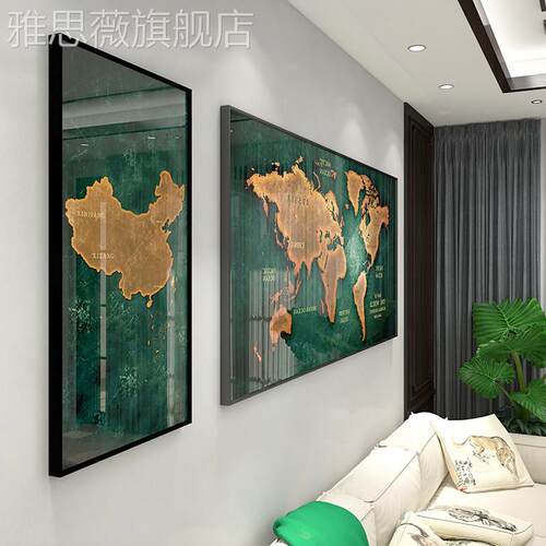网红代简约图风沙潮流复古装中国世界地挂现画客厅发背景饰画大幅