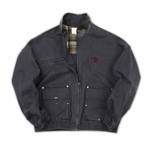 SOD Co. 工装夹克 “Deftones” 短廓形做旧复古水洗灰色皮领外套