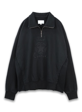 SOD Co. 半高领拼接卫衣 黑色阔型翻领纯棉长袖复古水洗做旧