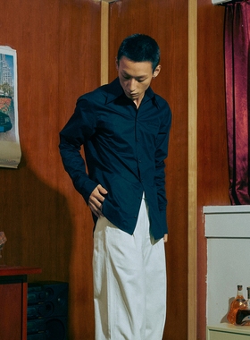 SOD Co. 刺绣复古大尖领衬衫 黑色合身简约cleanfit百搭纯棉长袖