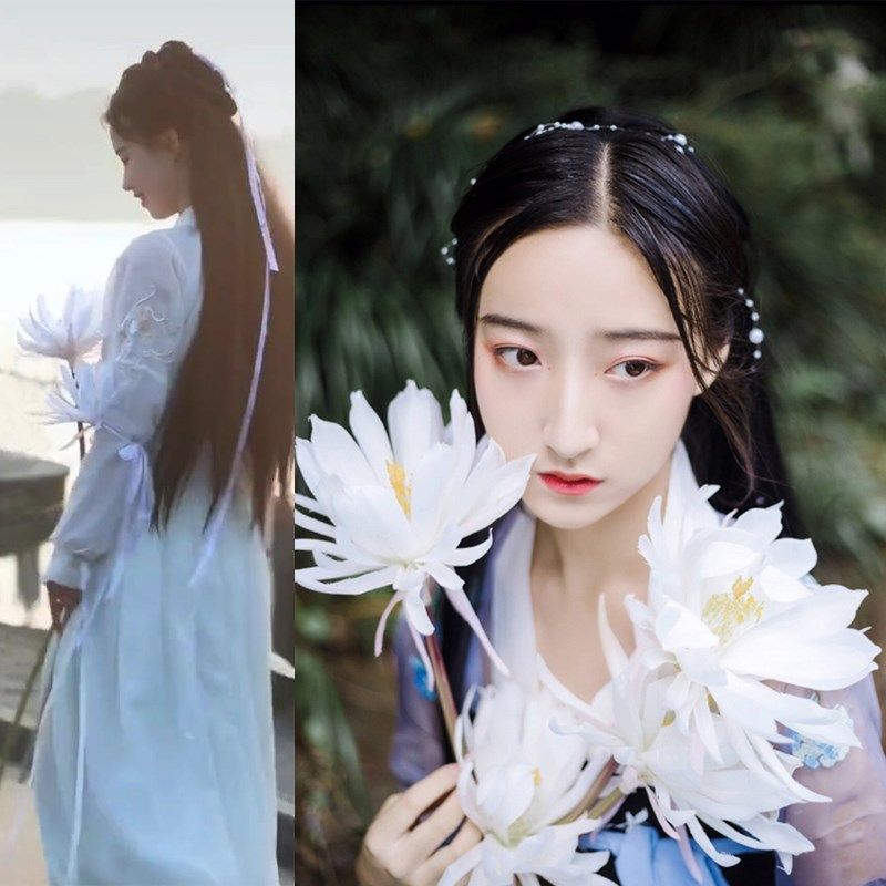 速发仙汉服手红道具昙花拍白色古装持摄古风拍照桃花枝包邮