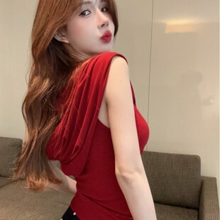 速发式可红红连帽无袖吊带小背心早秋内搭短款甜辣泰安海边拉色上