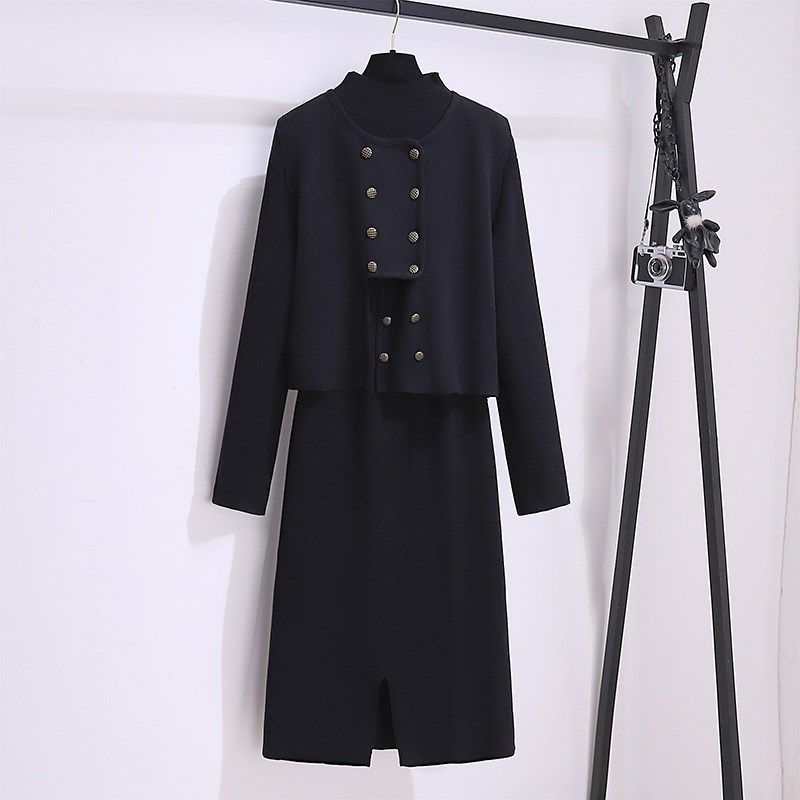 速发外妈黑色遮肚马甲妈套毛衣加裙码中年百搭背心针织连衣大套装