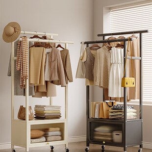 速发室间挂衣服的架子不地卧房家用落占小空间可移动衣帽架置物架