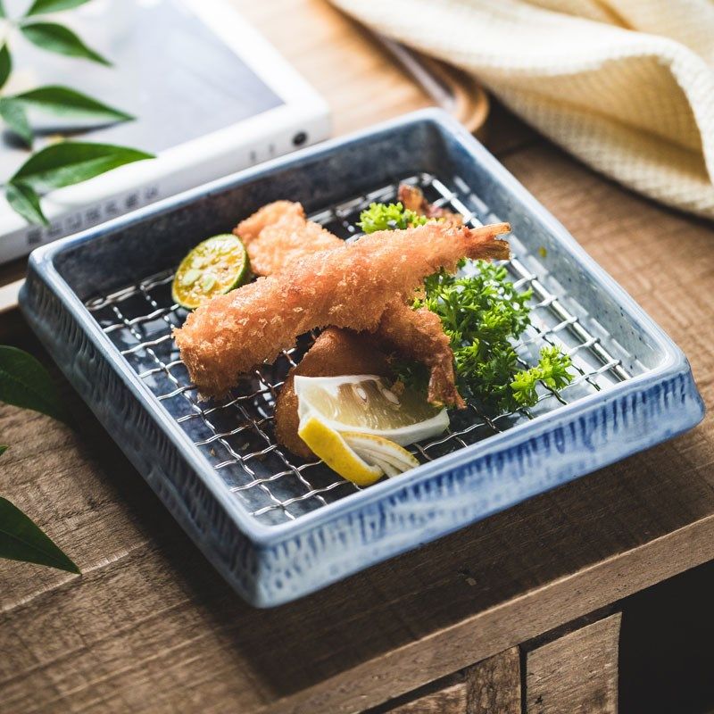 速发天妇网正方盘带罗格沥油炸物小吃子盘日式烧鸟烤肉陶瓷点心碟