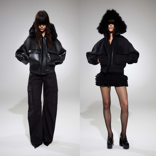 Aeaea 棕黑羊毛皮革飞行员夹克连帽毛领夹棉毛呢外套棉服2025秋冬