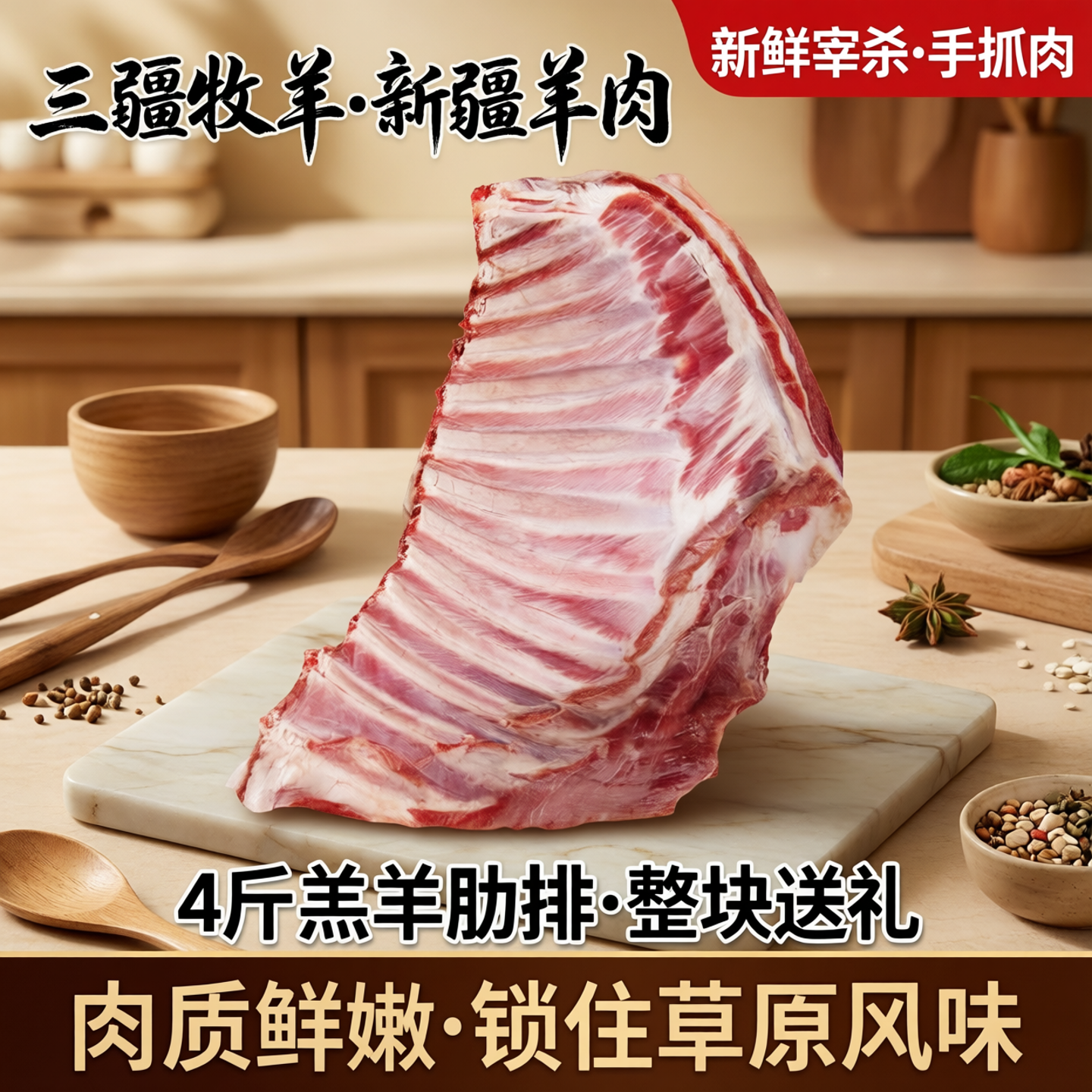 三疆牧羊新疆羊肉生鲜新鲜宰杀手抓肉4斤羔羊肋排羊排骨整块送礼
