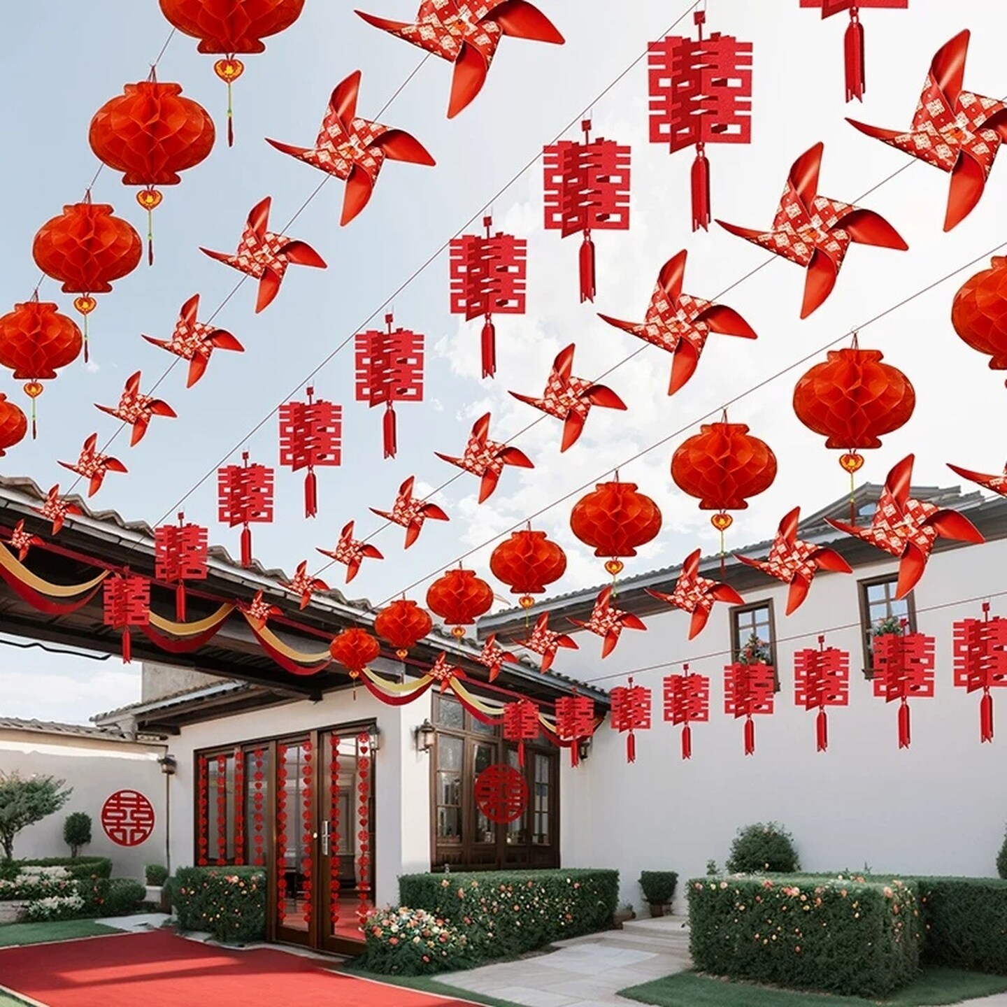 农村结婚院子装饰彩旗别墅户外庭院灯笼拉花彩带风车外景布置套装