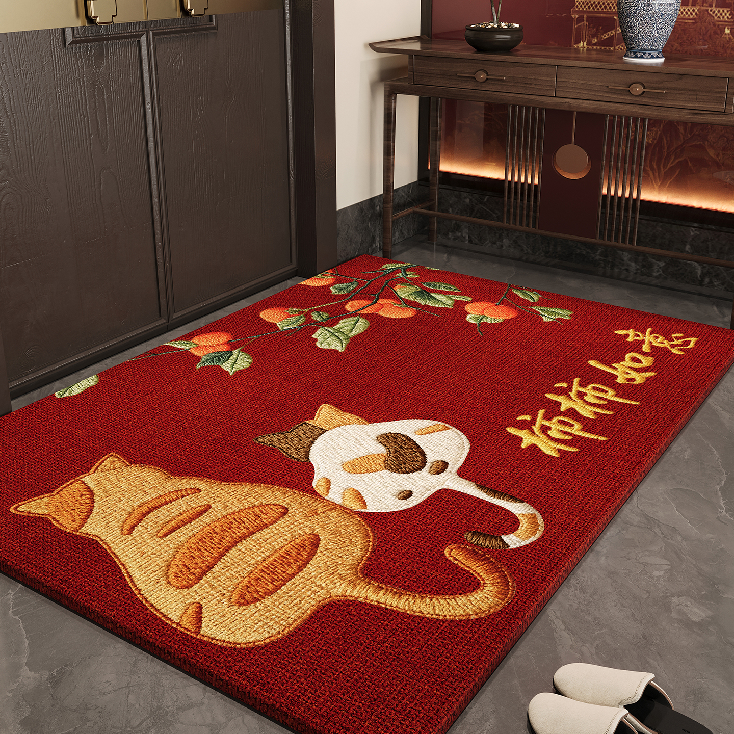 红色入户门地垫卡通仿刺绣防滑除尘地毯喜庆玄关大门口进门脚垫子