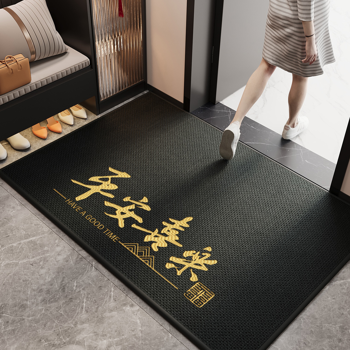 入户门地垫玄关门口进门脚垫仿编织防滑除尘耐磨耐脏吸水刺绣地毯
