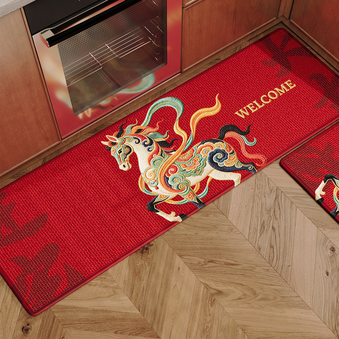 仿编织亚麻家用免洗吸水速干厨房专用地垫擦脚垫红色马年卡通地毯,居家布艺,厨房地垫,淘宝优惠券,粉丝福利购,淘宝优惠卷