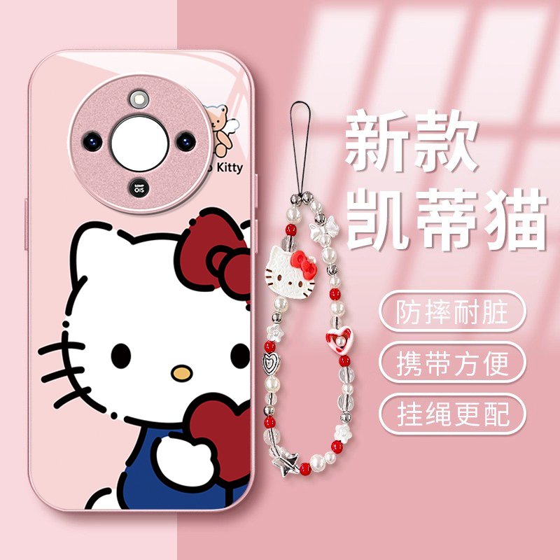 凯蒂猫适用荣耀X70i手机壳60新款x50i全包X30高级感金属漆玻璃X20挂绳V40可爱好看10创意10防摔保护套9XPro