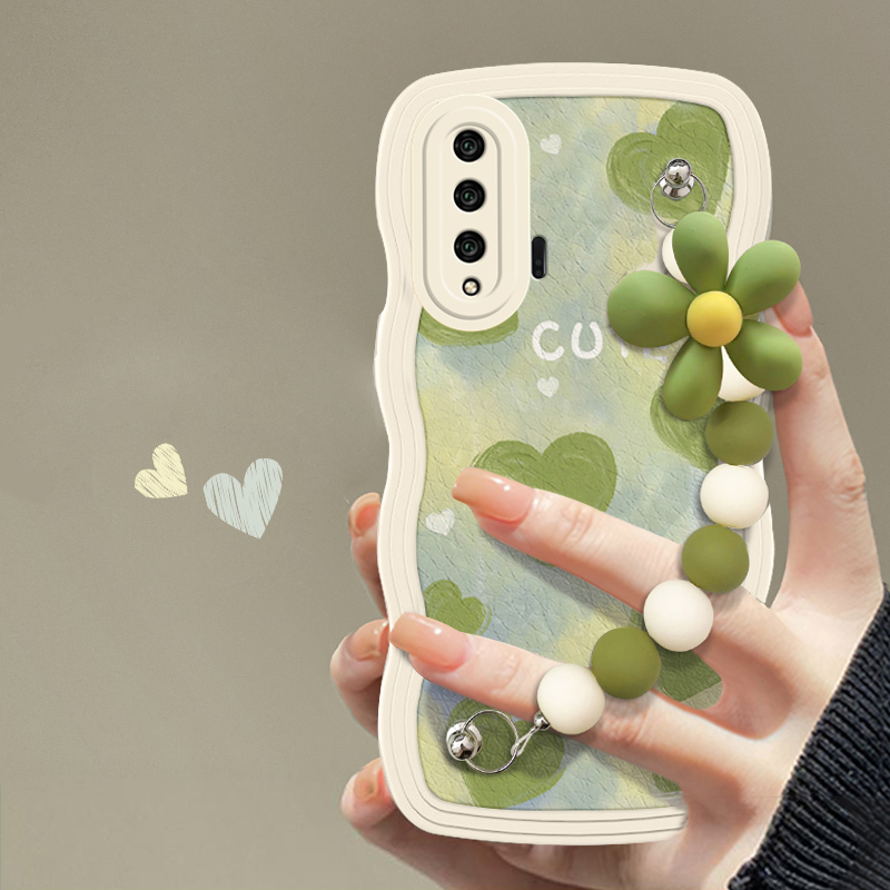 适用于华为Nova6 5G网红手机壳小清新绿色爱心挂链新款女Nova6SE大波浪硅胶套全包边防摔软壳