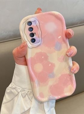 适用于OPPOReno3Pro网红手机壳时尚奶油硅胶保护套PCRM00全包防摔软壳潮流晕染爱心花朵日韩女创意波浪边