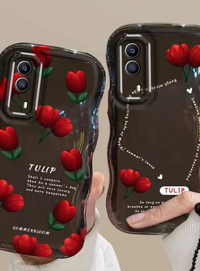 适用于vivoT1x红色花朵手机壳波浪边郁金香vivoV2123A透明硅胶保护套镜头全包防摔软壳轻奢复古风