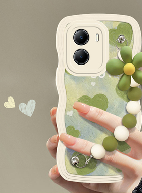 适用于vivoY53t小清新手机壳时尚潮流绿色油画爱心挂链vivoV2230A网红波浪边硅胶套全包防摔软壳