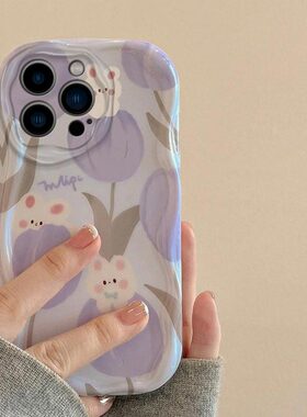 适用于苹果13mini手机壳新款14Pro紫色小兔郁金香12女款11硅胶套XSMax网红ins风6SPlus全包边7防摔8Plus潮