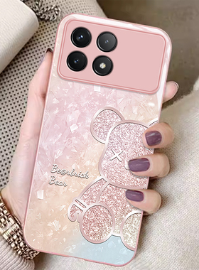 适用红米K70E手机壳新款K60冠军版奢华K50Pro全包玻璃炫彩钻石小熊K40S个性女防摔保护套K30i高级感潮流卡通
