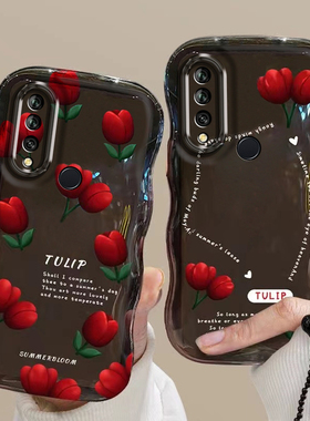 适用于华为Nova4e波浪边郁金香手机壳复古红色花朵MAR-AL00透明硅胶全包防摔保护套时尚潮流女