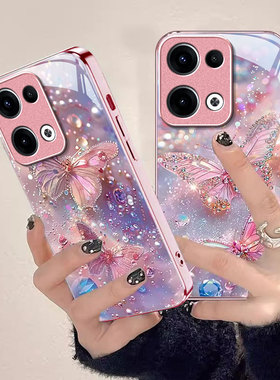 闪钻蝴蝶适用OPPOReno14手机壳13Pro新款高级感12硬11创意金属漆10玻璃9全包硅胶8小清新7创意6防摔5保护套4