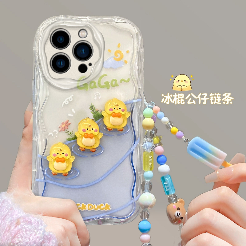 适用于苹果15Pro手机壳iPhone13mini创意11Pro卡通14可爱12立体小黄鸭XSMax时尚波浪边8Plus透明套7全包6防摔
