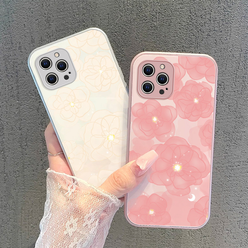 适用于苹果15Pro手机壳iPhone14时尚13mini小清新12山茶花11全包边XSMax防摔保护套7金属漆8Plus玻璃壳6s
