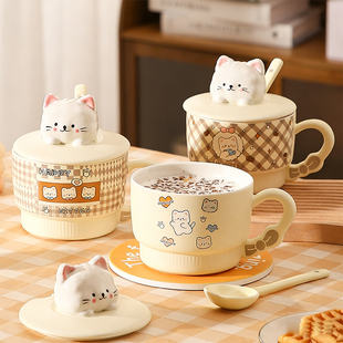 陶瓷早餐杯带盖勺高颜值耐高温大容量马克杯燕麦食品级咖啡杯女生