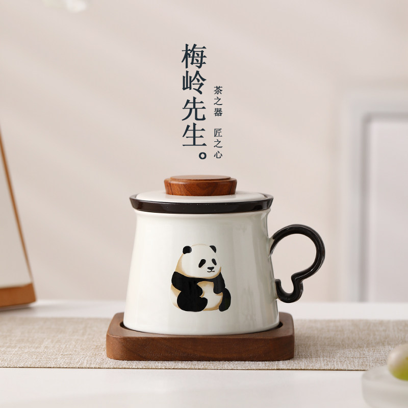 梅岭先生熊猫喜悦茶杯陶瓷带盖马克杯个人专用办公杯咖啡杯子礼品