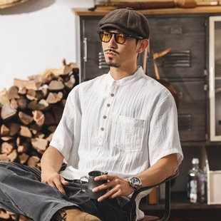 古风中式复古亚麻衬衫男士短袖夏季新款老钱风亨利领薄款休闲衬衣