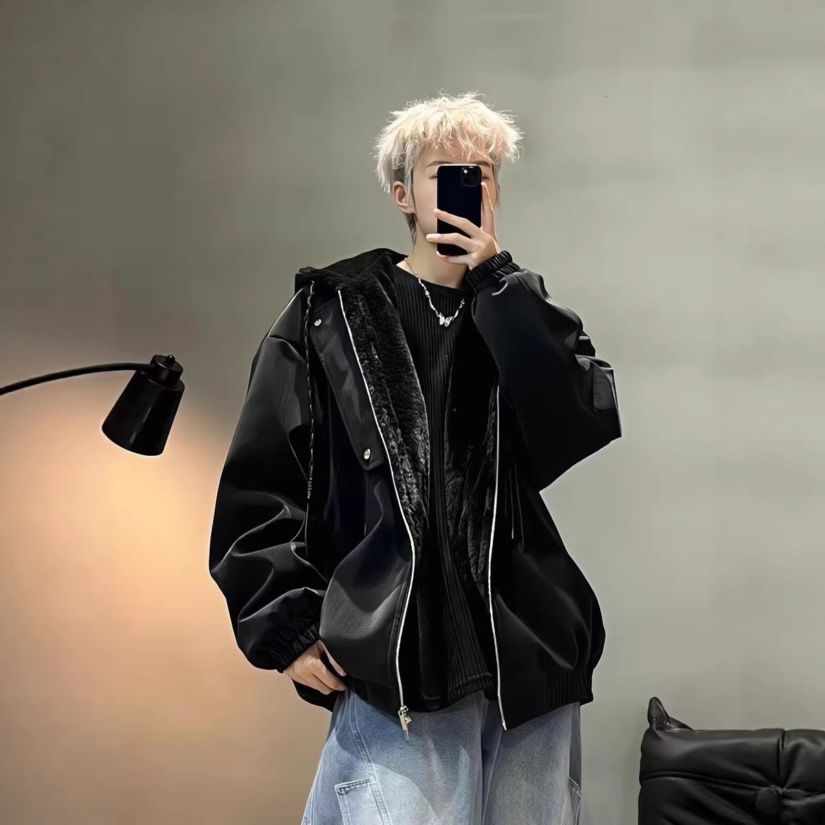 【专柜特价】美式复古座山雕皮衣连帽棉服男款冬季加厚保暖夹克高