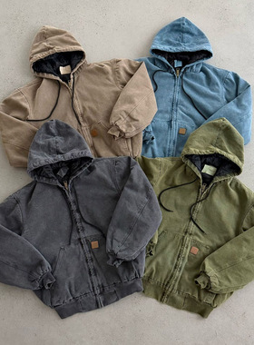 现货 重磅复古J130美式连帽中古水洗做旧帆布棉夹克外套男女同款