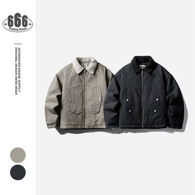 【专柜特价】CROWD CITY潮流美式工装复古羊羔毛翻领外套棉服男士