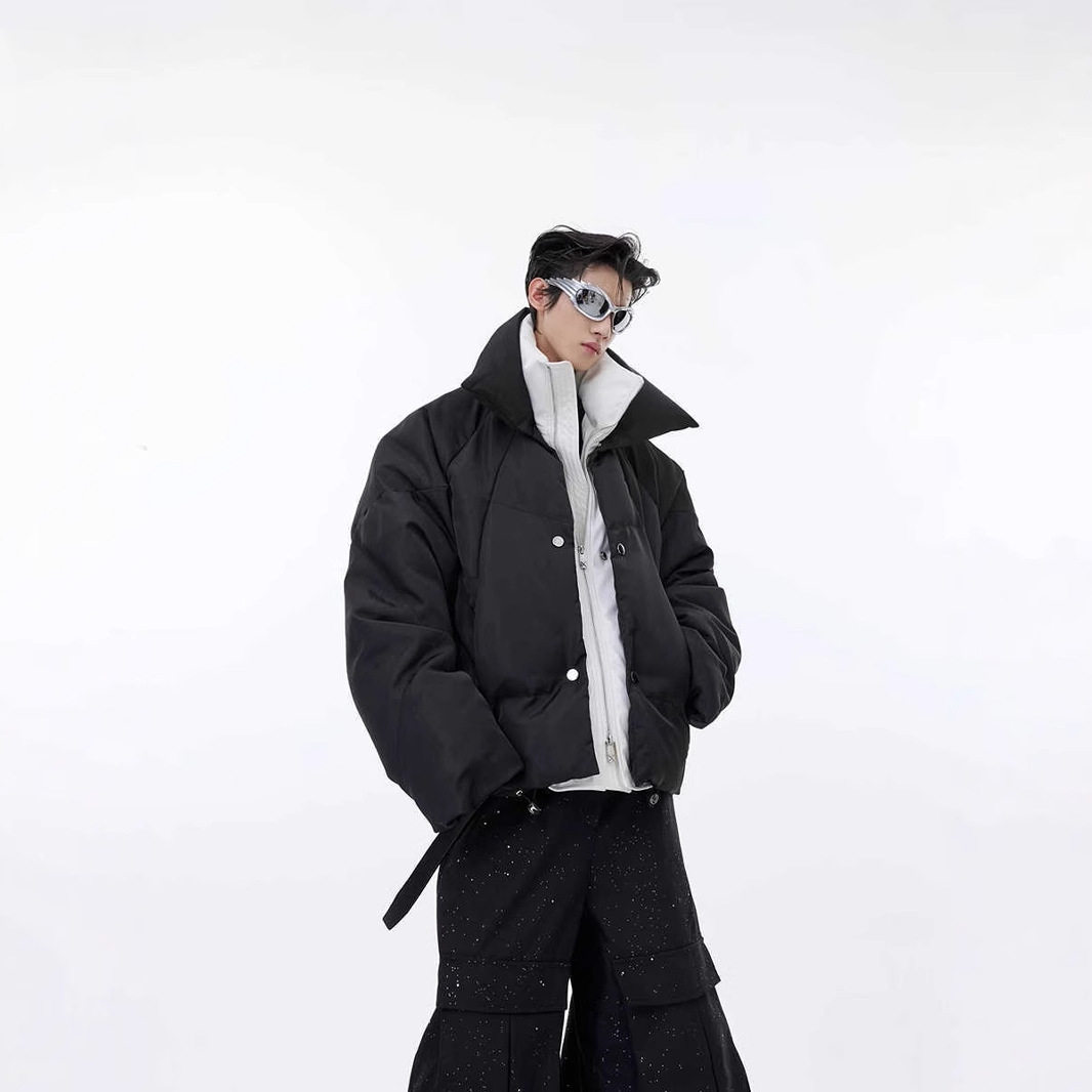 【帅炸了~】冬季PU皮拼接假两件棉衣男亮面双层小众设计感加厚宽