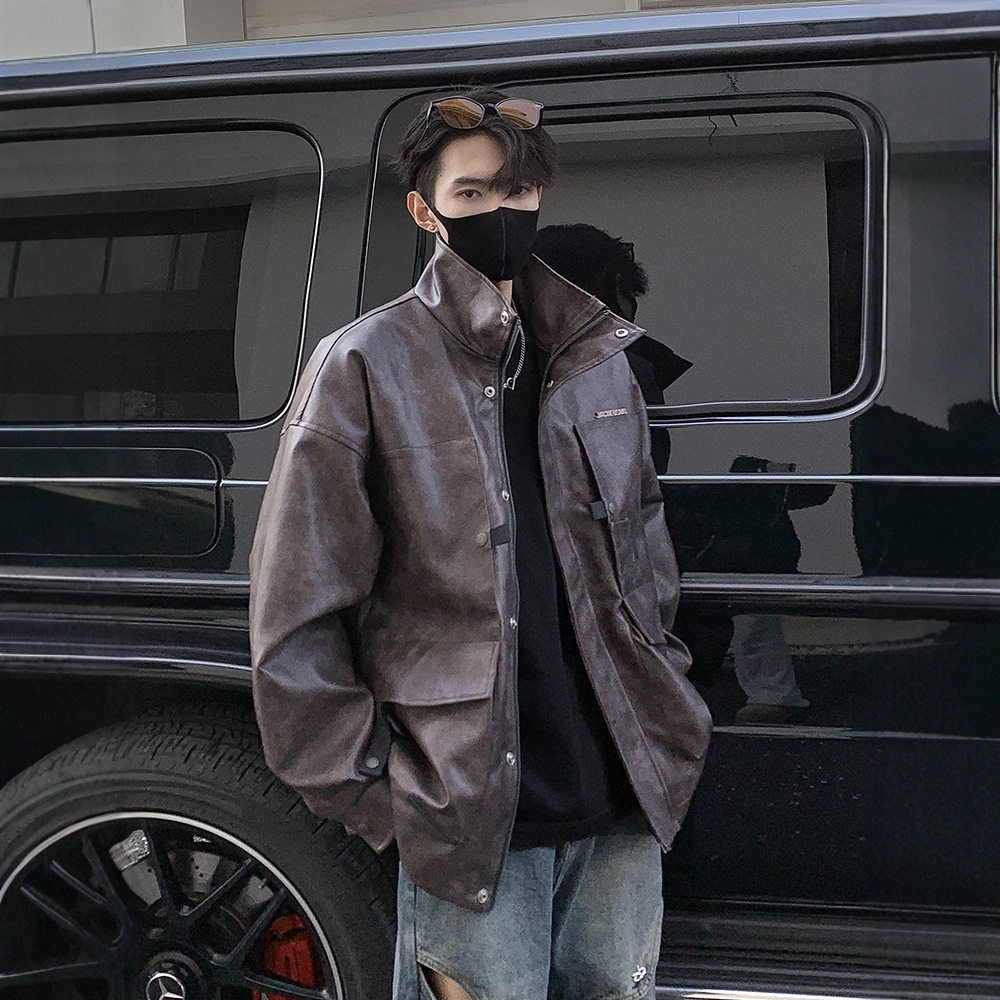 【特价】棕色美式机车pu皮衣外套男女立领高级感痞帅短款大码皮夹