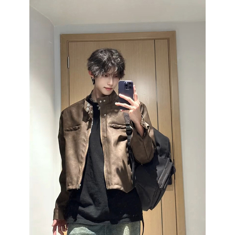 美拉德男模垫肩外套男秋季痞帅复古棕色机车服短款pu皮a2飞行夹克