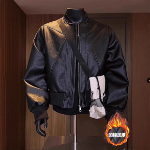 高级感PU皮衣棉服男士秋冬季夹棉加厚帅气时尚正肩机车服夹克外套
