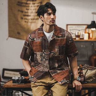 夏威夷衬衫古巴领复古短袖男夏季美式潮牌巴洛克宽松上衣半袖衬衣