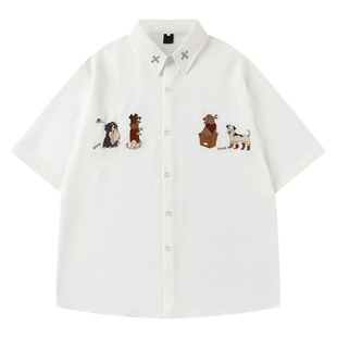 fashion 趣味小狗刺绣复古衬衫衬衣夏装复古港风上衣情侣慵懒短袖