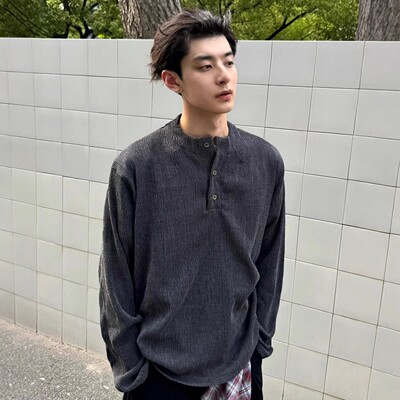 【特价·冲量】Cleanfit·美式猛男黑色亨利领肌理感长袖T恤男款