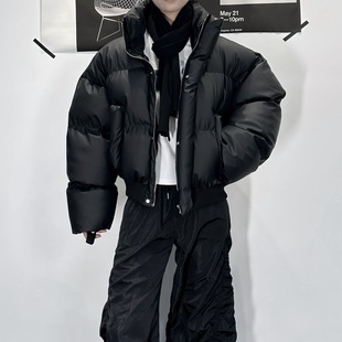 【专柜特价】美式冬季复古PU皮宽松短款棉服男女立领小众高级加厚