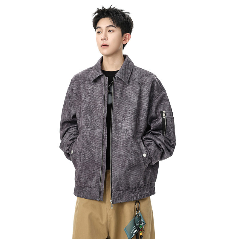 复古扎染翻领夹克男士秋冬季2026新款设计感提花宽松痞帅大码外套