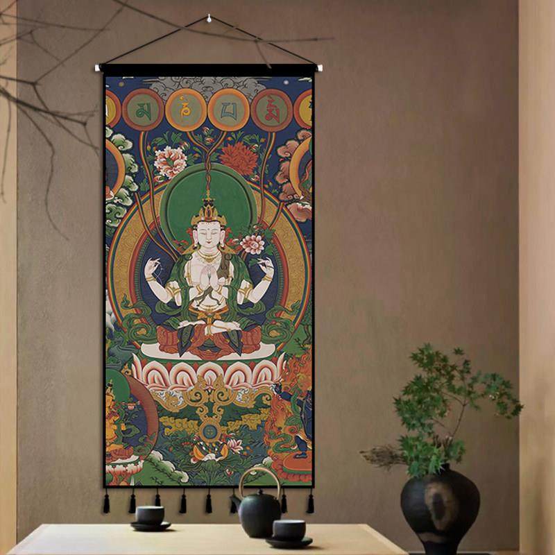 藏式唐卡挂画 画布艺挂毯装饰画 画竖版壁画 画墙布玄关过道挂布