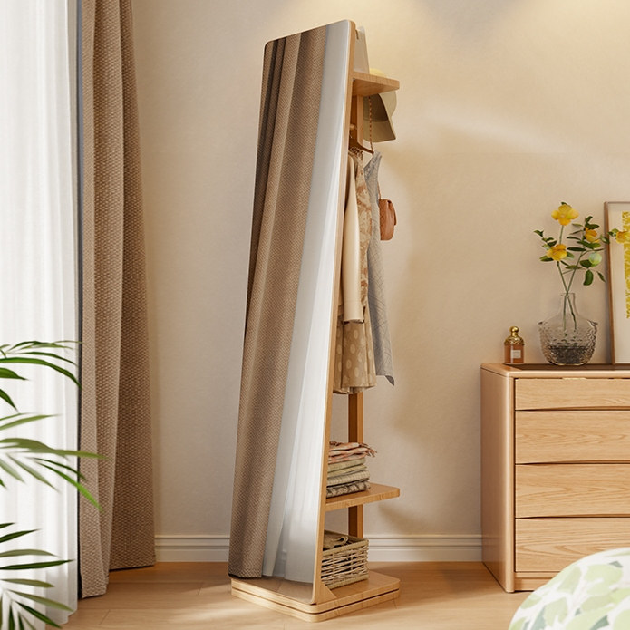 木屋记旋转实木全身镜挂衣架衣帽架一体落地全身镜家用高清镜子