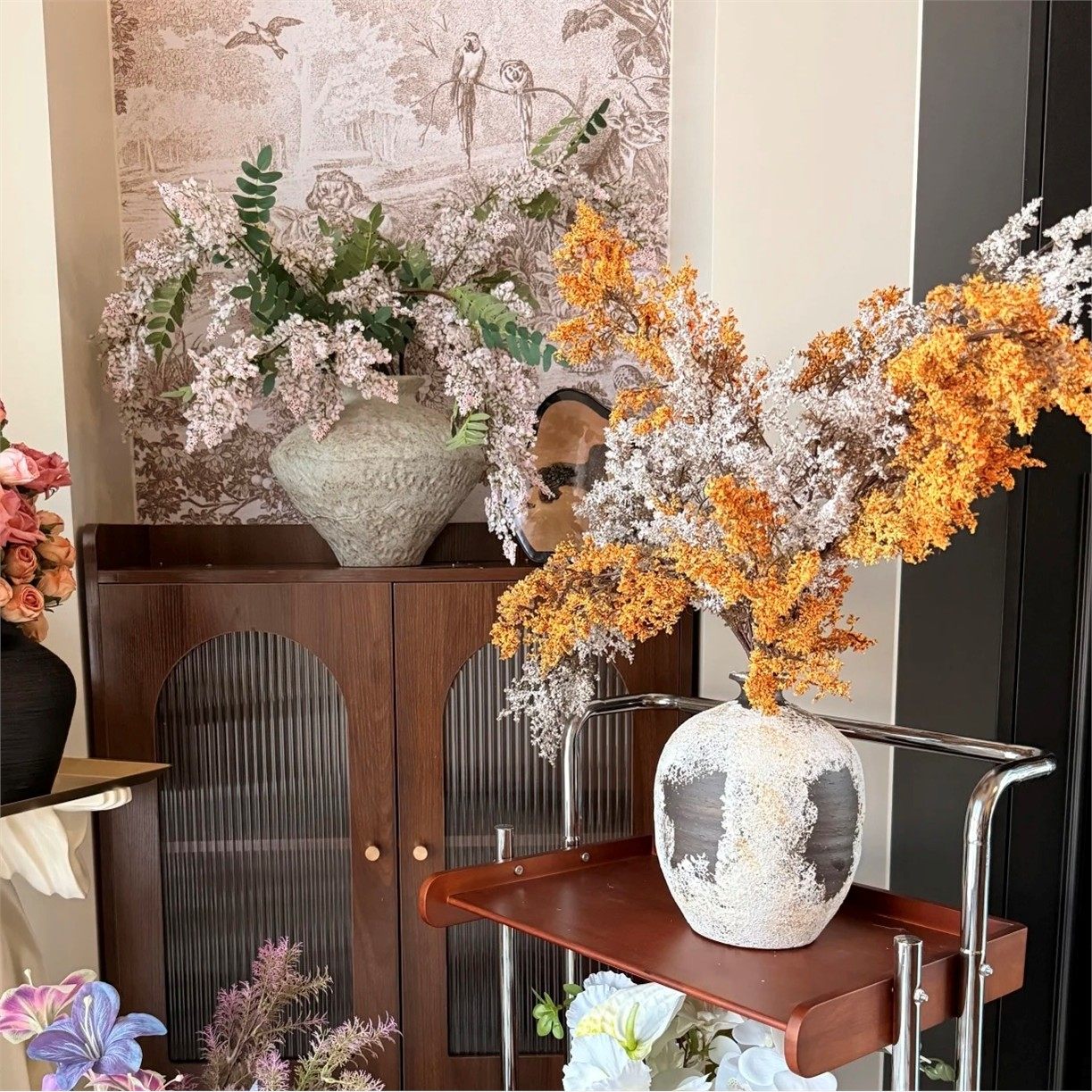 油画雾凇仿真花摆件客厅餐桌插花装饰品艺术摆设侘寂风复古旧陶罐