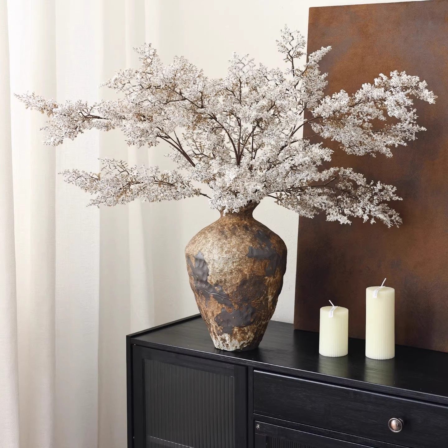 油画雾凇彷真植物假花摆设诧寂风桌面花瓶插花装饰逼真干花高级感