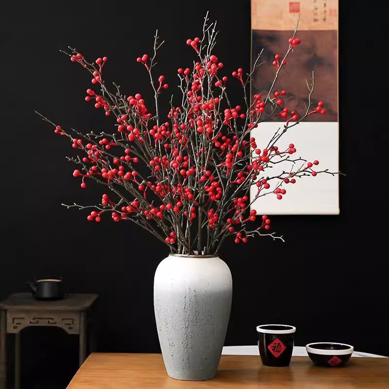 红色发财果年宵花家居装饰摆件冬青果客厅餐桌假花浆果喜庆花艺