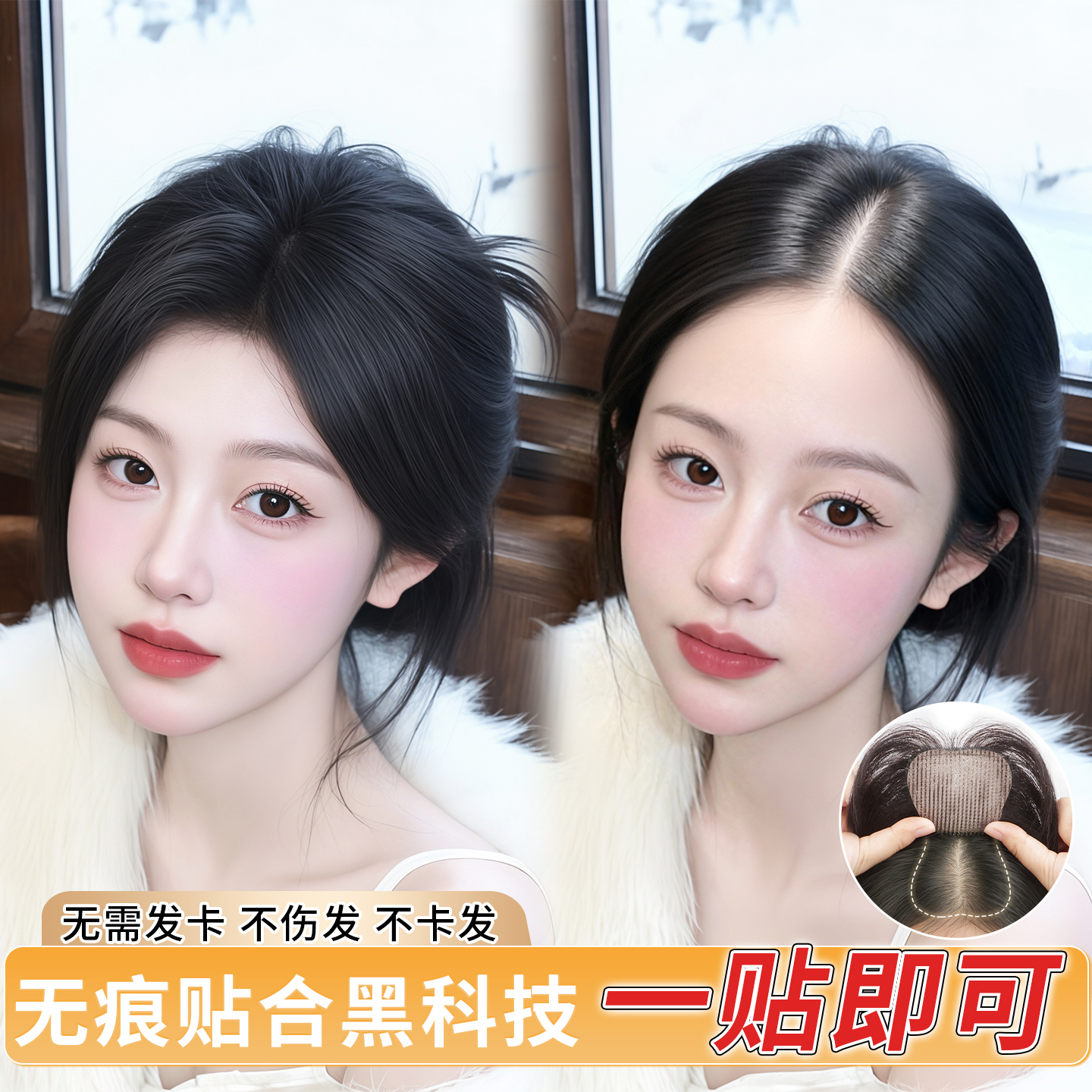 升级【不用戴发卡】遮发缝假发贴