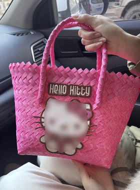 小猫卡通手提包上班通勤包菜篮子复古竹节包包防水包编织包饭盒包