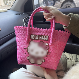 小猫卡通手提包上班通勤包菜篮子复古竹节包包防水包编织包饭盒包